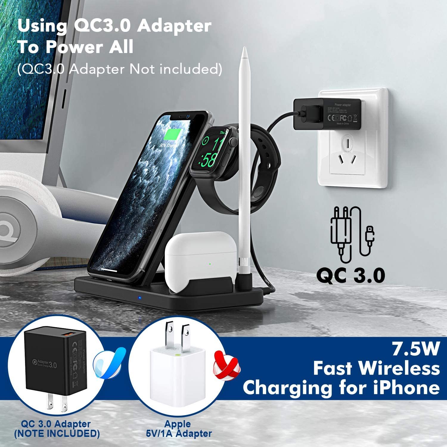 Wireless Charger for Apple Watch, AirPods, Pencil, iPhone & Qienabled