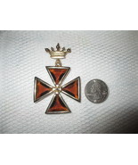 Gold Tone Amber Glass Accessocraft NYC Maltese Cross Crown Brooch or Pendent - $65.00