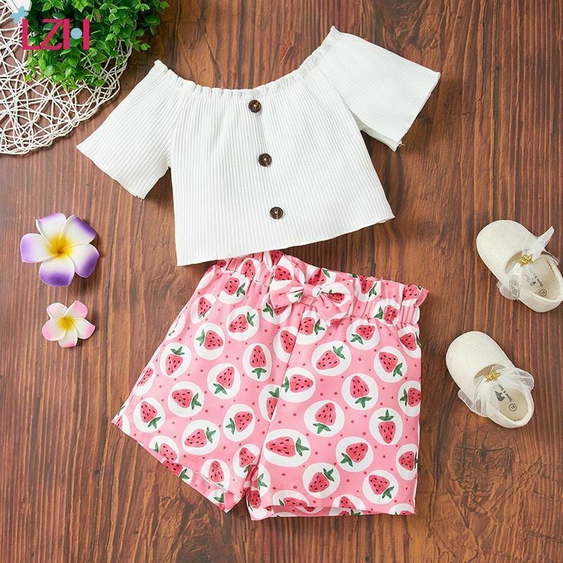 Short Sleeved Crop Top Strawberry Print Elastic Waist Shorts Suits For Girls New