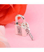 925 Sterling Silver Padlock &amp; Key with Clear Cz Charm Bead For European ... - $23.99