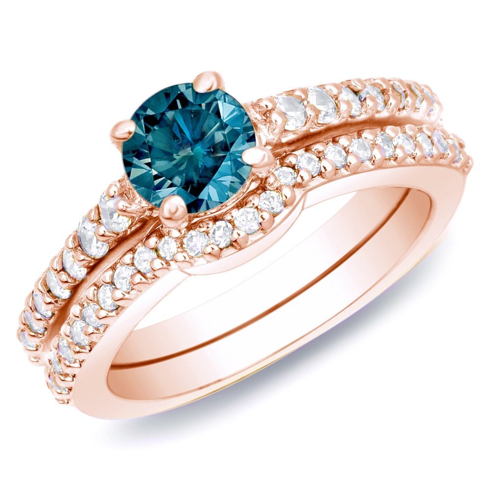 1ct Round Blue Diamond Engagement Ring Set 14k Rose Gold Plated ...