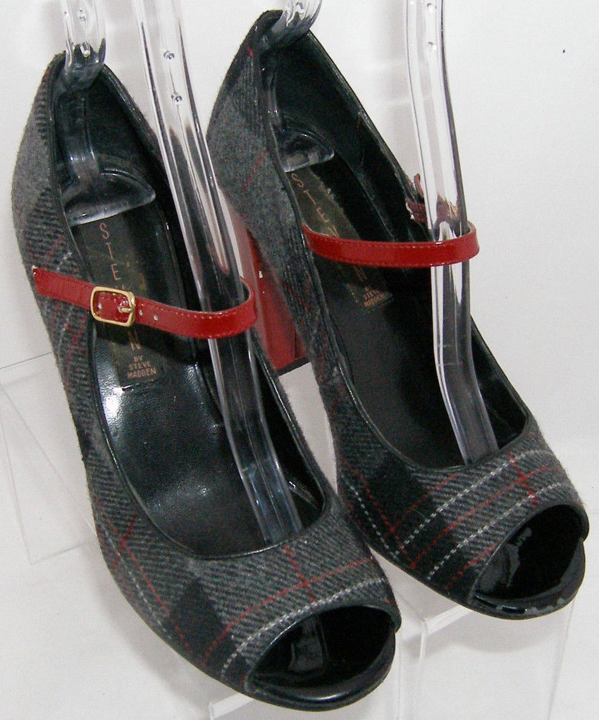 Steven by Steve Madden gray peep toe plaid fabric mary jane heel 6M - Heels