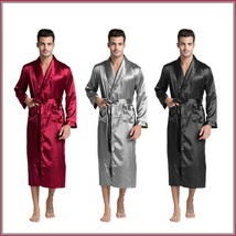 Black Gray And Wine Men's Long Sleeve Belt Tie Faux Silk Satin Bathrobe 