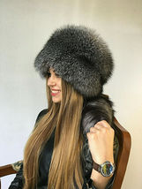 Blue Frost Fox Fur Hat Full Pillbox Hat Natural Colors Saga Furs Detachable Tail image 4
