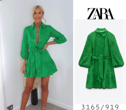 ZARA BNWT 2022. GREEN SHIRT DRESS CUTWORK EMBROIDERY BELT 3165/919
