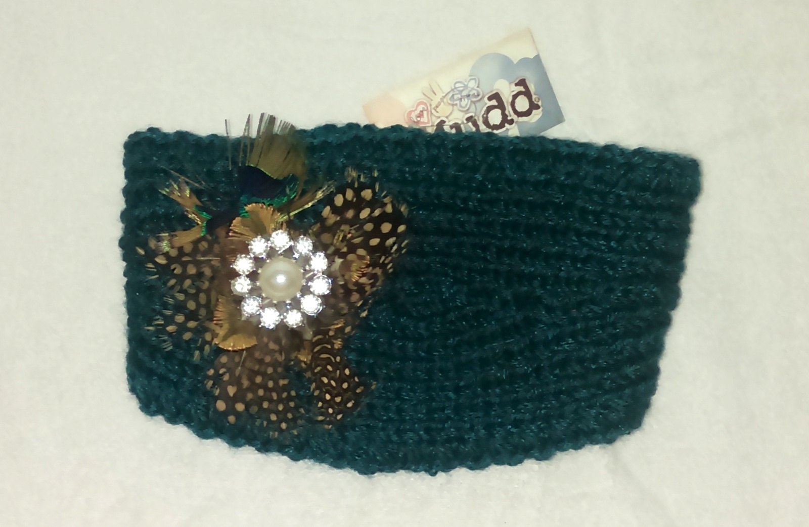 NEW MUDD Winter Teal Green Knit Headband w/Feathers, Faux Pearl, Rhinestones  - $6.95