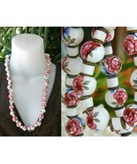 Vintage Hand Painted Porcelain Ceramic Beads Strand Necklace Roses - $42.95