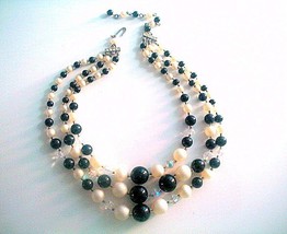 Multistrand Bib Necklace Glass Pearls Lucite Beads & Aurora Borealis Crystals Mi - $28.00
