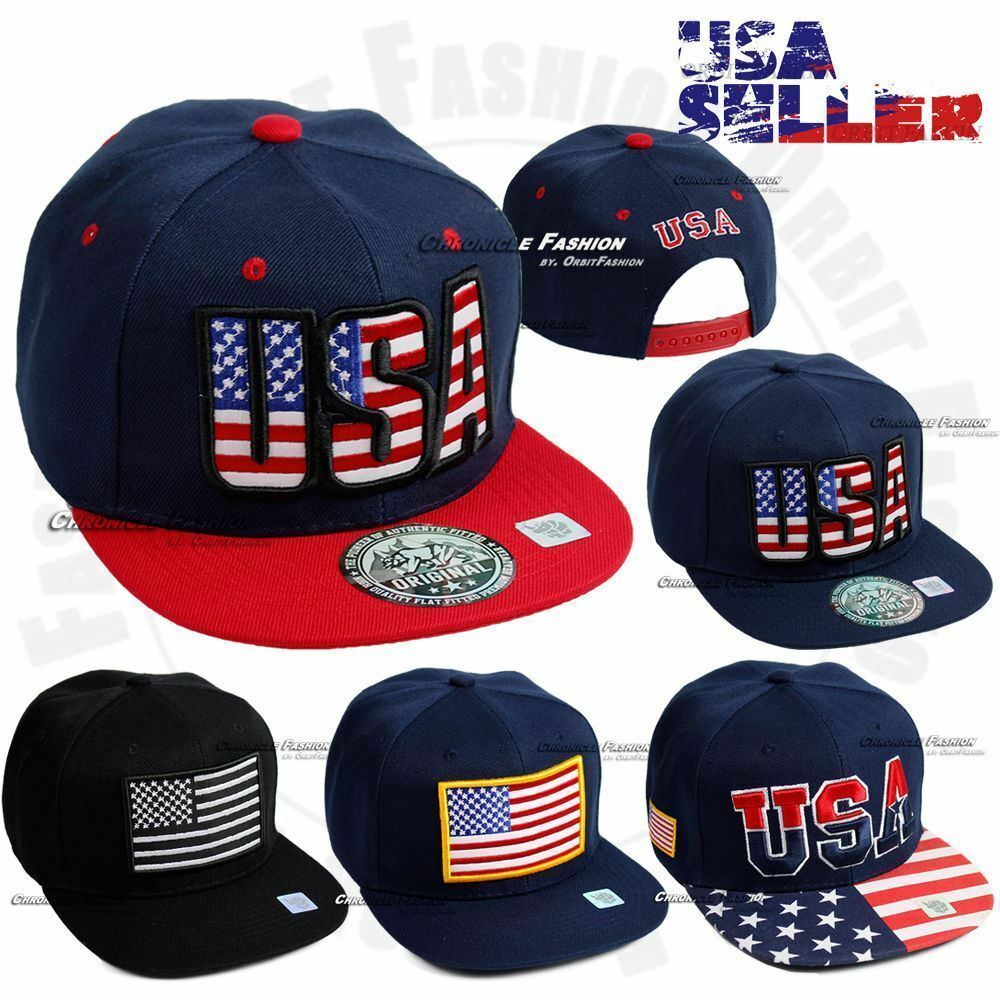 USA Baseball Cap Embroidered American Flag Snapback Hat Flat Brim America US