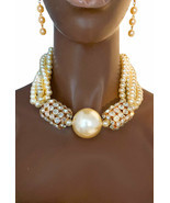 Cream Faux Pearl Chunky Statement Short Necklace Earrings Clear Crystals... - $60.47