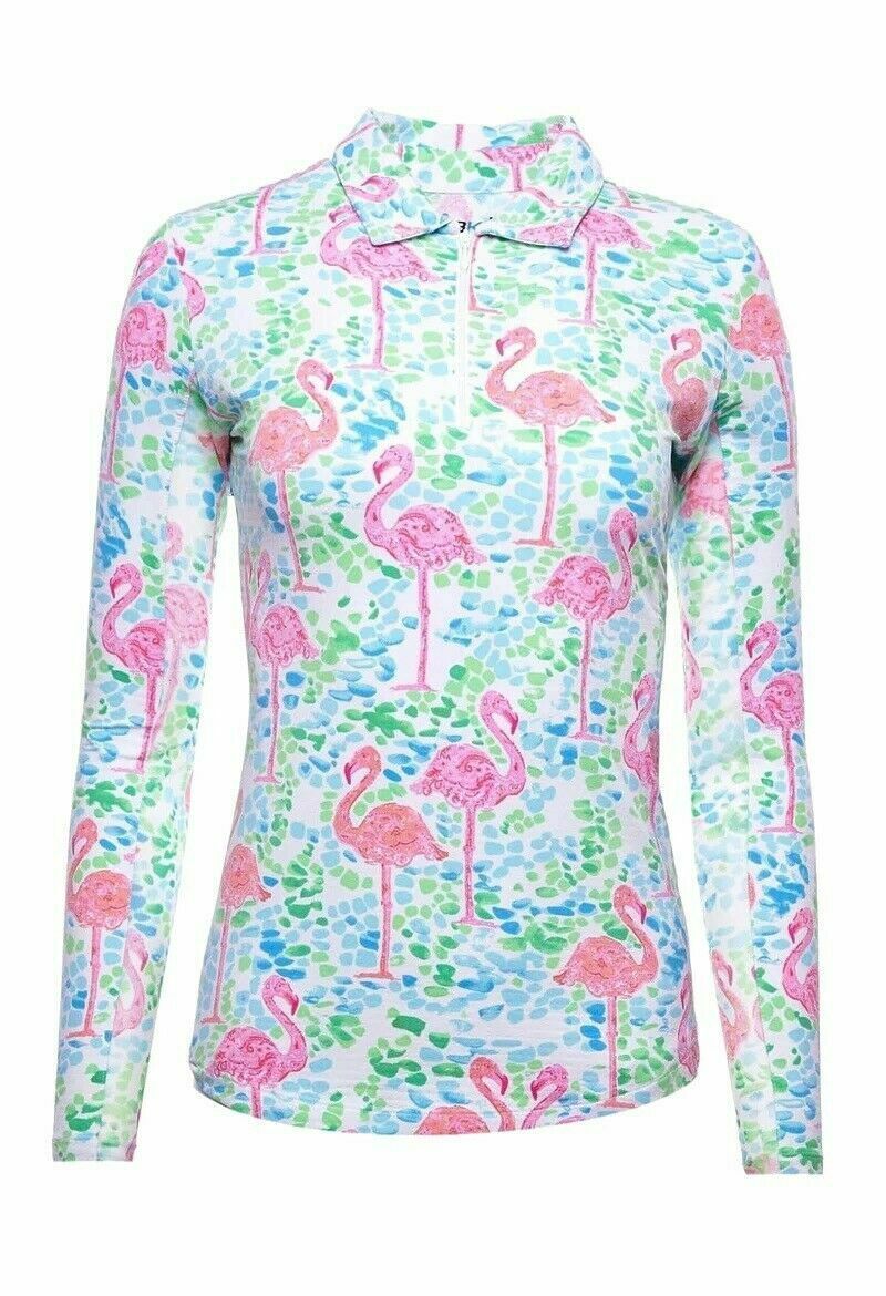 NWT IBKUL FLAMINGO Turquoise Pink Long Sleeve Polo Golf Shirt XS XL ...