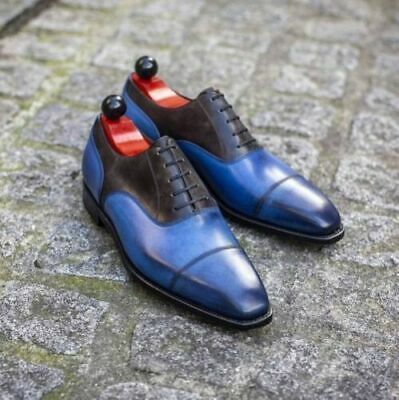 Men's Handmade Genuine Blue & Black Leather Oxford Patina Toe Cap Dress Shoes 20