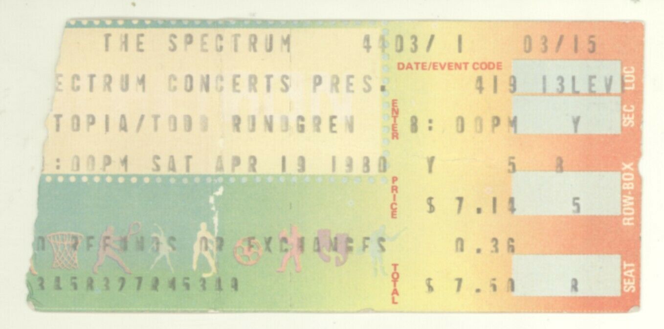Rare TODD RUNDGREN & UTOPIA 4/19/80 Philadelphia PA The Spectrum Ticket ...
