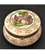 Vintage Porcelain Powder Jar Trinket Box, Fragonard Flirt Scene Romantic... - $40.00