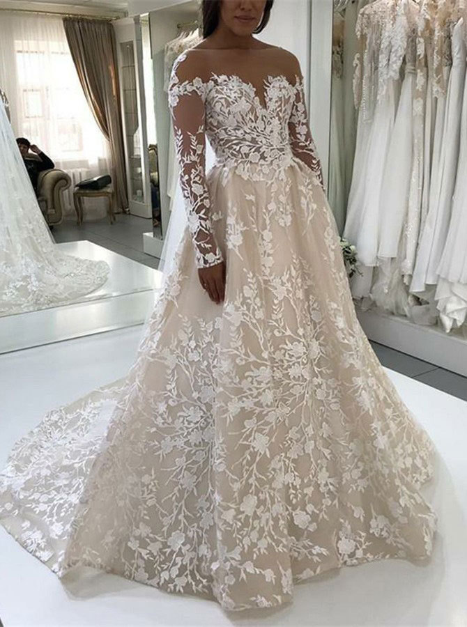 Charming A-Line Long Sleeves Champgne Wedding Dresses Bridal Dress with Lace