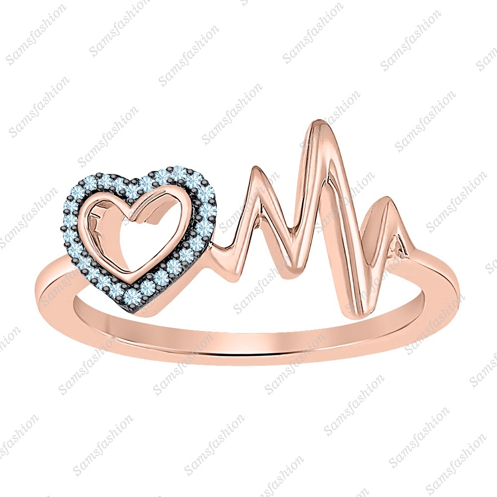 14K Rose Gold Over Silver 0.33ctw Round Aquamarine Lovely Heartbeat Ring