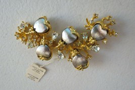 Vintage Judith McCann Brooch Pearl Hearts Designer Gold Plated Rhinestone NWT - $39.59