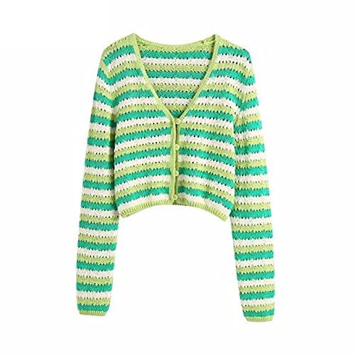V Neck FESH Contrast Striped Print Hollow Out Crochet Knitted Sweater Female Chi