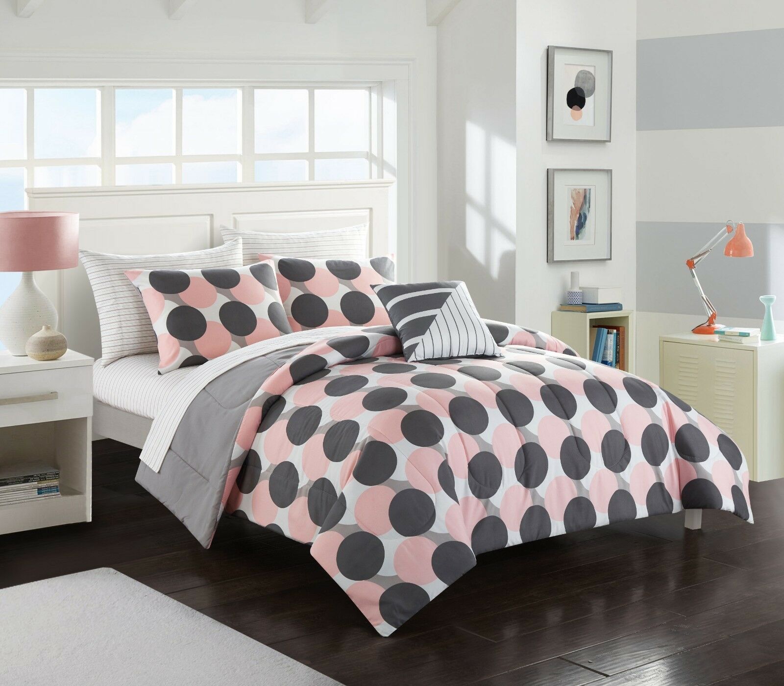Gray White Pink Blush Large Polka Dots Teen Girls Comforter Set w