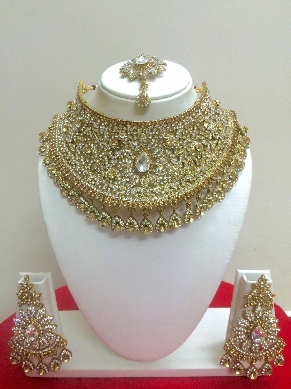 Indisch Bollywood Hochzeit Modeschmuck Vergoldet Halskette Ohrring Schmuck Set