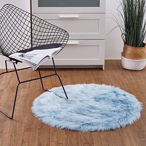 Ashler Faux Fur Light Blue Round Area Rug Indoor Ultra Soft Fluffy