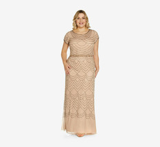 Adrianna Papell Plus Size Short Sleeve Beaded Blouson Gown In Taupe Pink... - $246.51