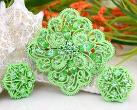 Vintage enamel rhinestone brooch pin earrings demi set green thumb200