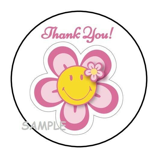 30 SMILEY FLOWER THANK YOU ENVELOPE SEALS LABELS STICKERS 1.5