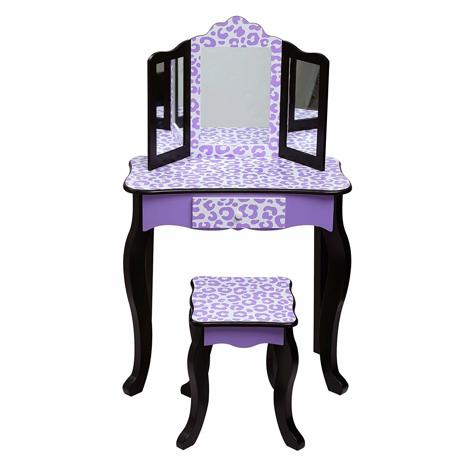 Girls 3pc Vanity Set Purple Black Leopard Table Mirror Stool Wood