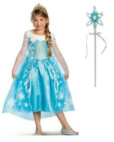 Girls Disney Princess Frozen Elsa Dress Tiara Wand 3 Pc Halloween Costume-sz 7/8