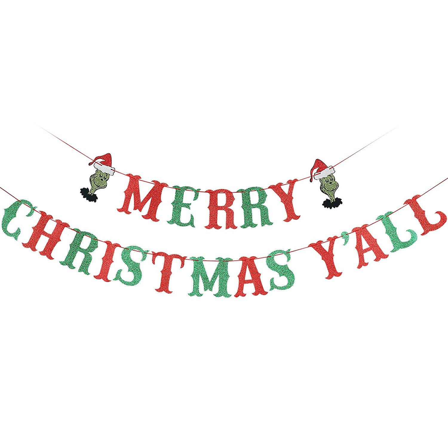 Red&Green Glittery Merry Christmas YAll Banner For Grinch Christmas D