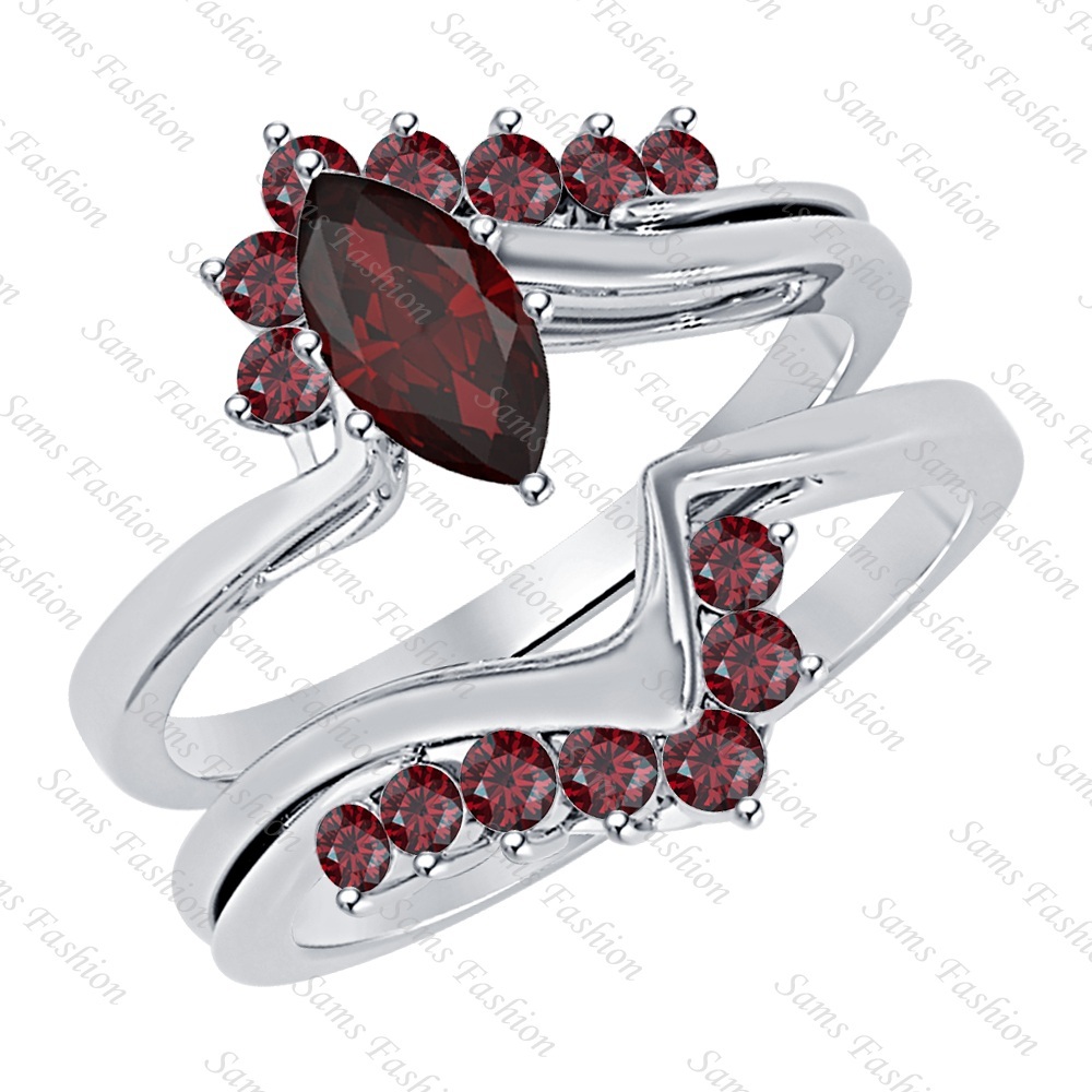 2Ct White Gold Over .924 Sterling Silver Marquise Cut Red Garnet Ring For Women