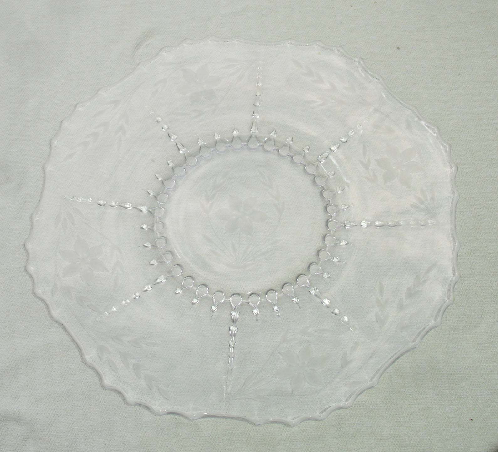 Vintage Large Clear Pressed Glass Cake Plate With Etched Floral Design Glassware