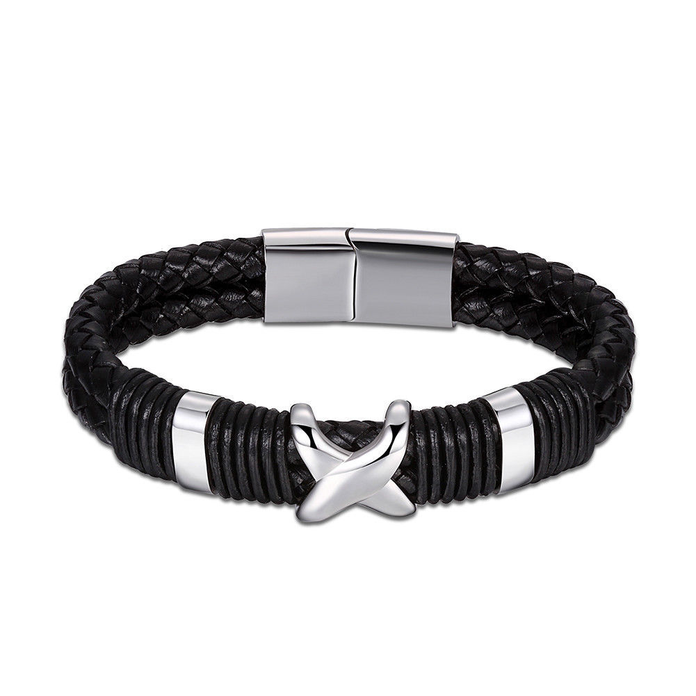 CALVIN KLEIN MENS BRACELET BLACK BLUE LEATHER SNAP CLOSER - Bracelets