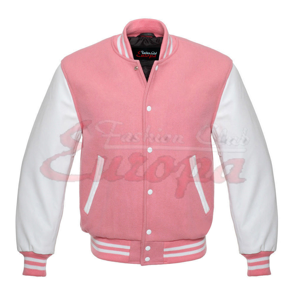 Varsity Letterman Jacket PINK Wool With WHITE Real Leather Sleeves ...