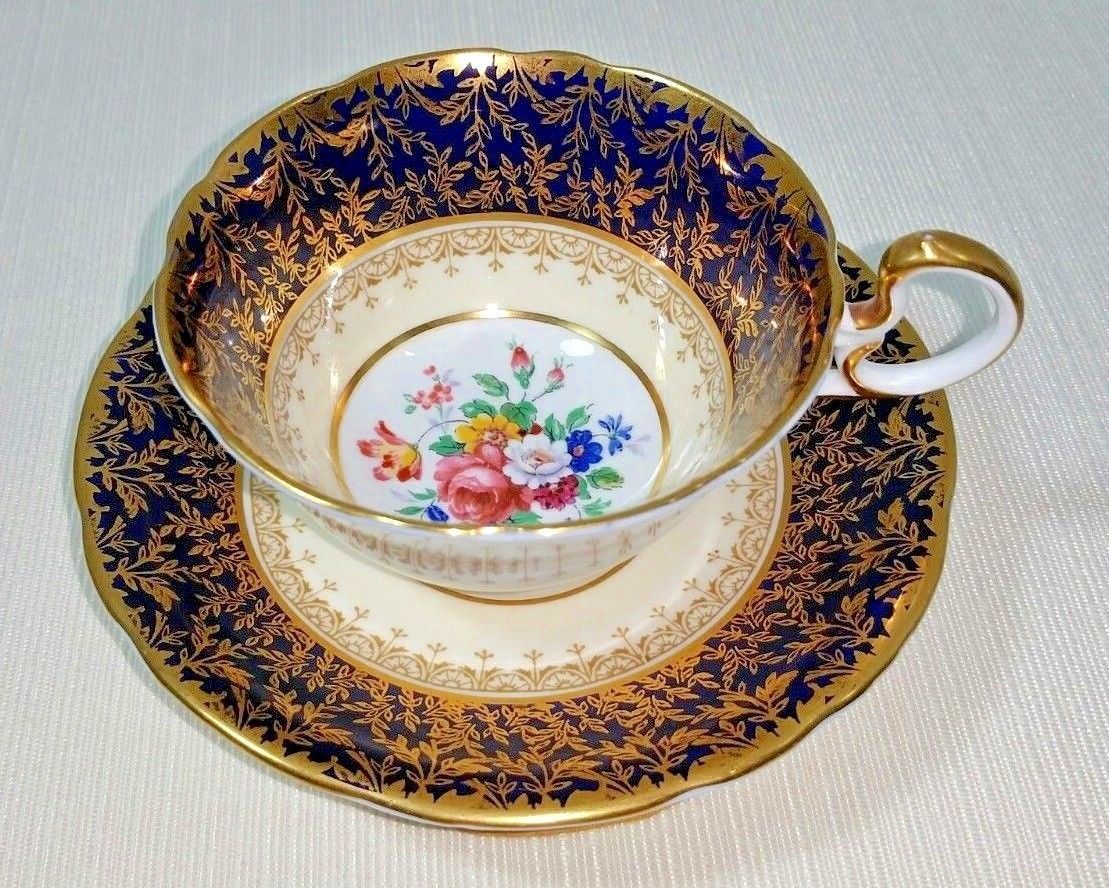 John Aynsley Cardiff Bone China Footed Cup And Saucer Set Cobalt Blue And Gold Aynsley