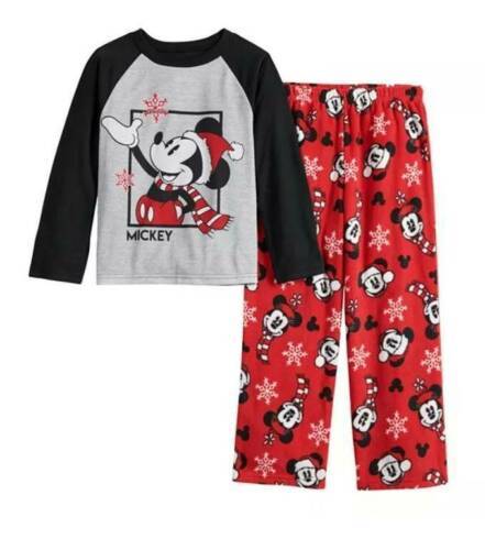 Boys Christmas Pajamas Mickey Mouse 2 Pc Red Black Fleece Cotton-size 8
