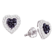 10k White Gold Womens Black Color Enhanced Diamond Heart Screwback Earrings - $359.00