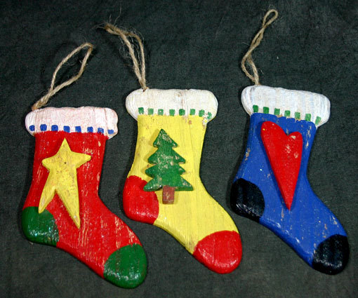 Primary image for Set of 3 Rustic Wooden Country Primitive Stocking Christmas Ornaments No. 1