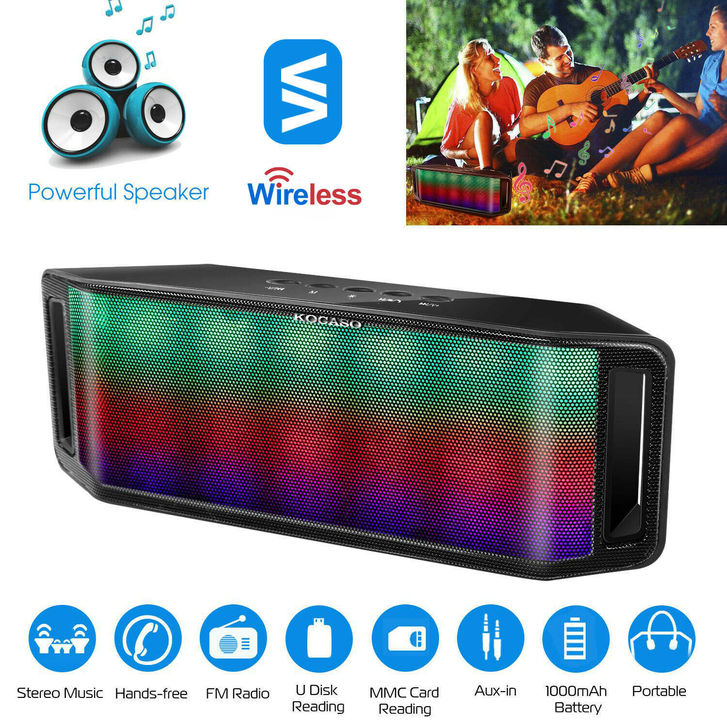 Portable Wireless Speaker LED Rainbow Dancing Light Up Speakerphone MiC