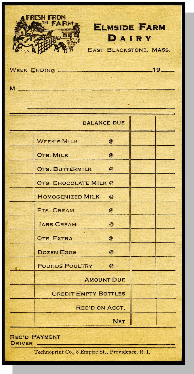 Vintage Elmside Farm Dairy Order Slip, East Blackstone, Mass/MA 1950's