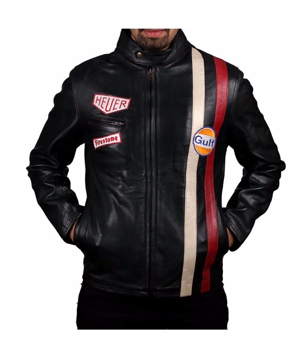 Steve McQueen Le Mans Driver Grandprix Gulf Black Leather Jacket ...