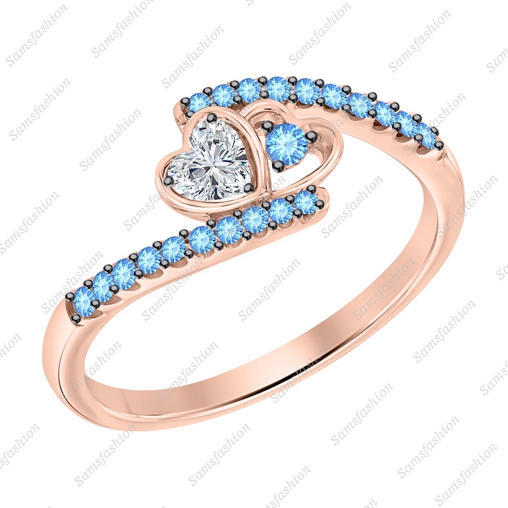 Heart Shaped Diamond & Blue Topaz 14k Rose Gold Over 925 Heart Anniversary Ring