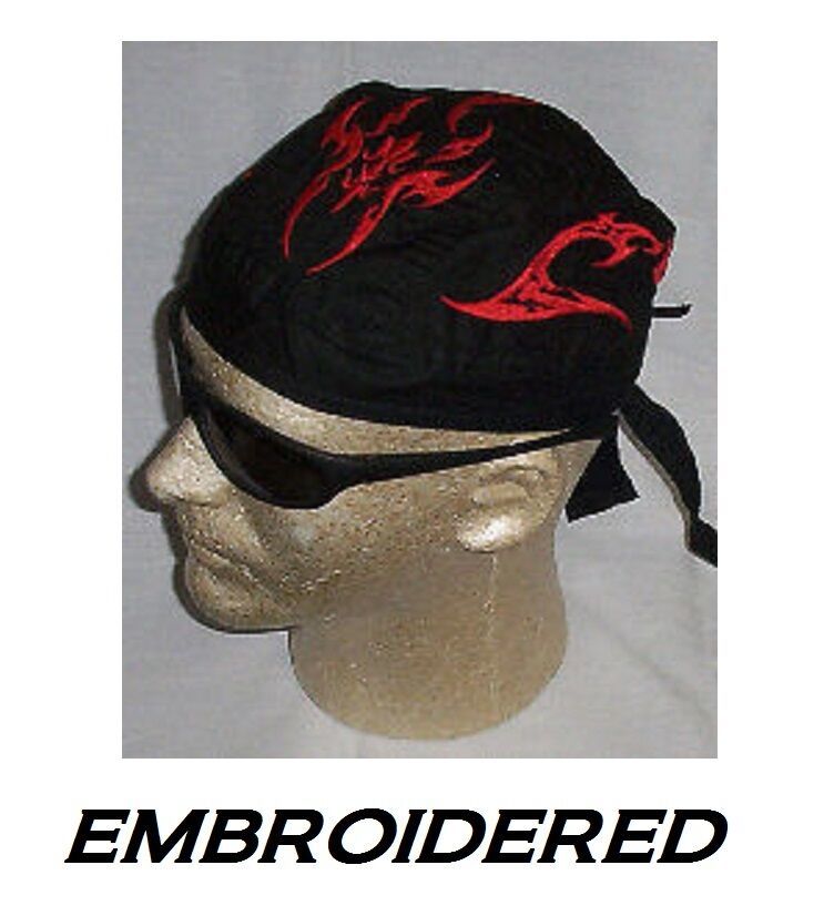 RED BLADE FLAMES Tribal EMBROIDERED FITTED BANDANA w/TIES Doo Do Rag Skull Cap