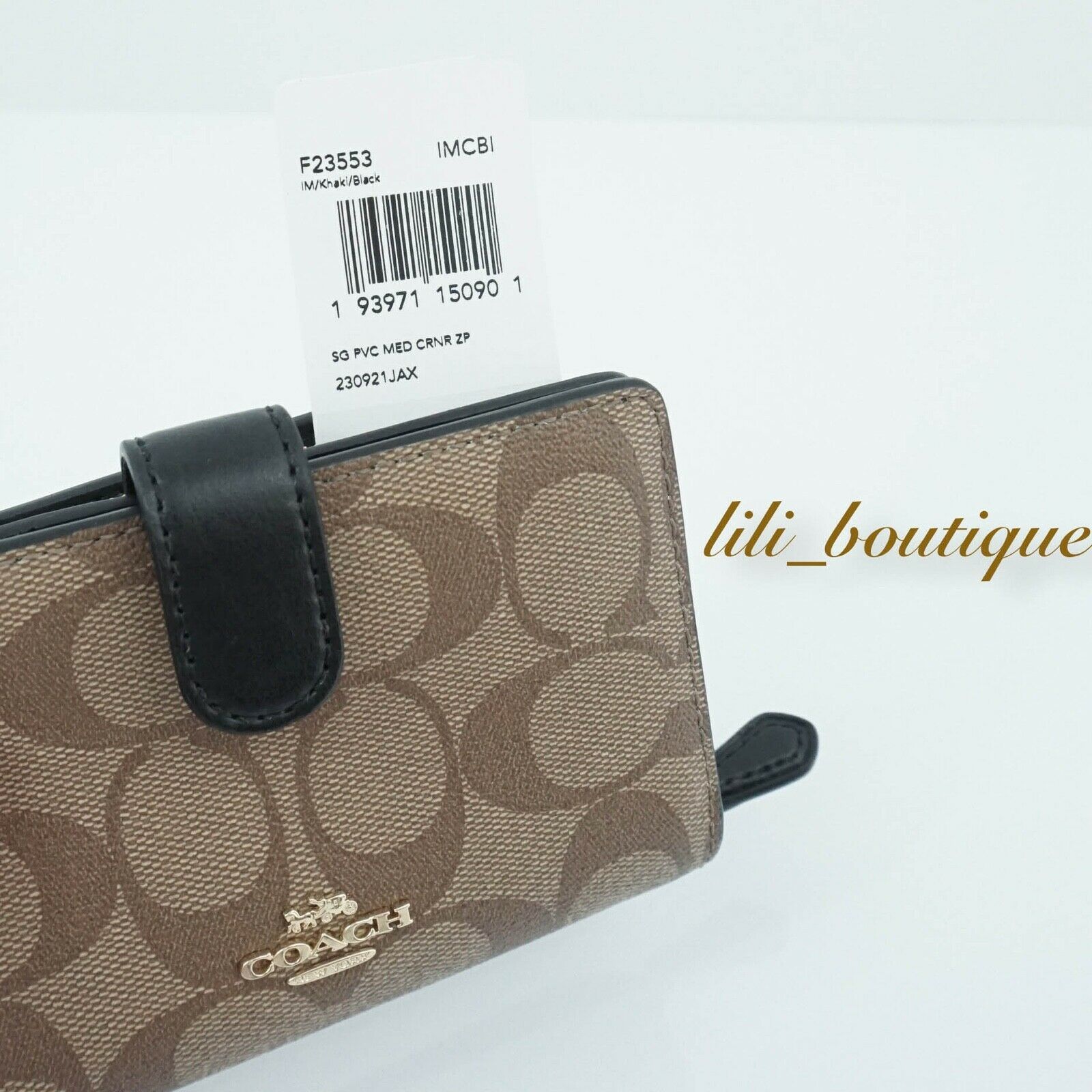 Strawberry New Coach 23553 Medium Corner Zip wallet Signature Canvas Brown