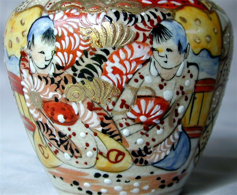 Antique Japanese Kyoto Satsuma Moriage Ginger Jar Vases