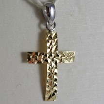 18K WHITE YELLOW GOLD CROSS, PENDANT, STYLIZED, HAMMERED, ARCHED, MADE IN ITALY image 1