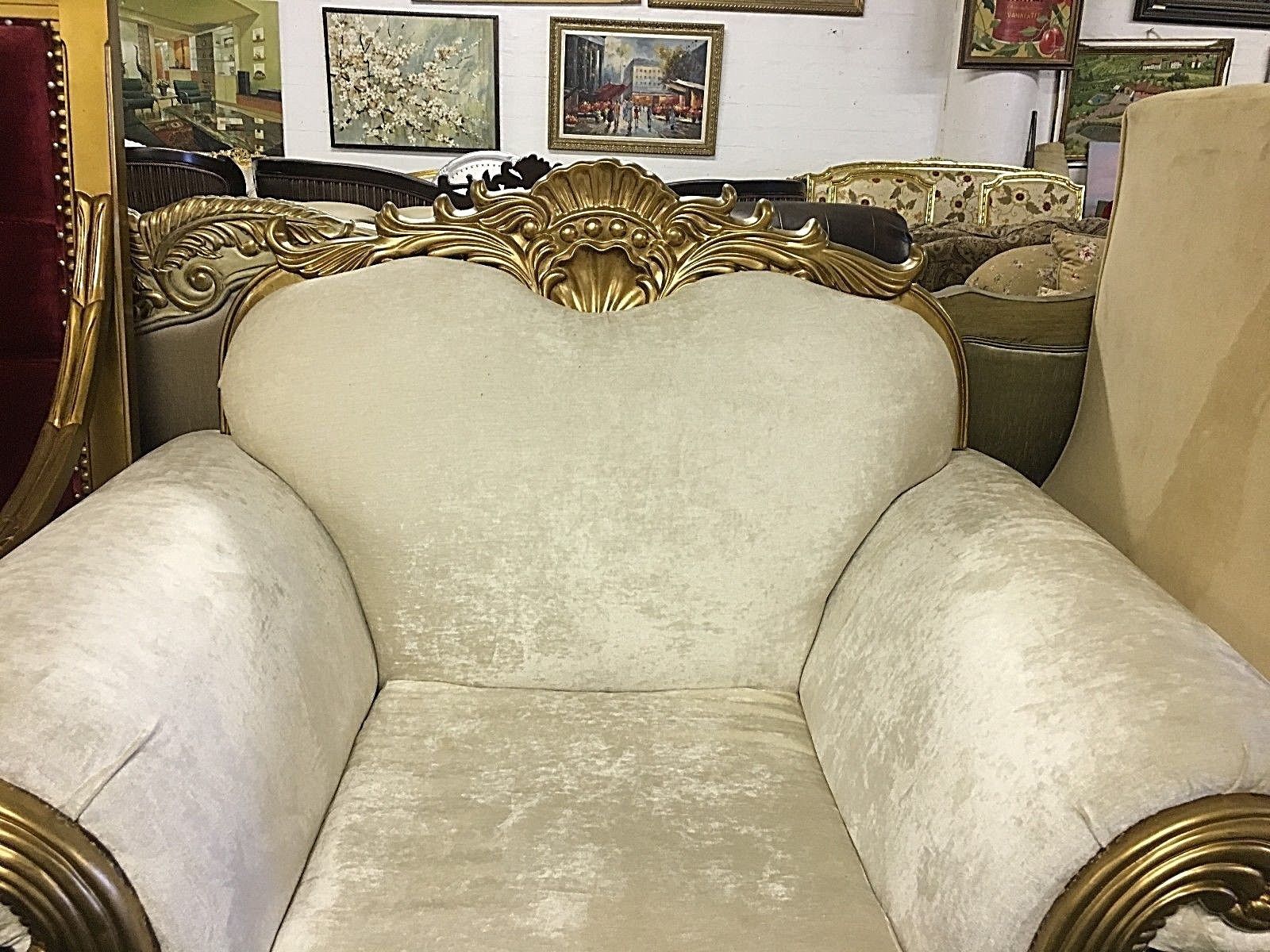 French Style Crushed Velvet Sofa Cream Color Love-seat in Hand Carved