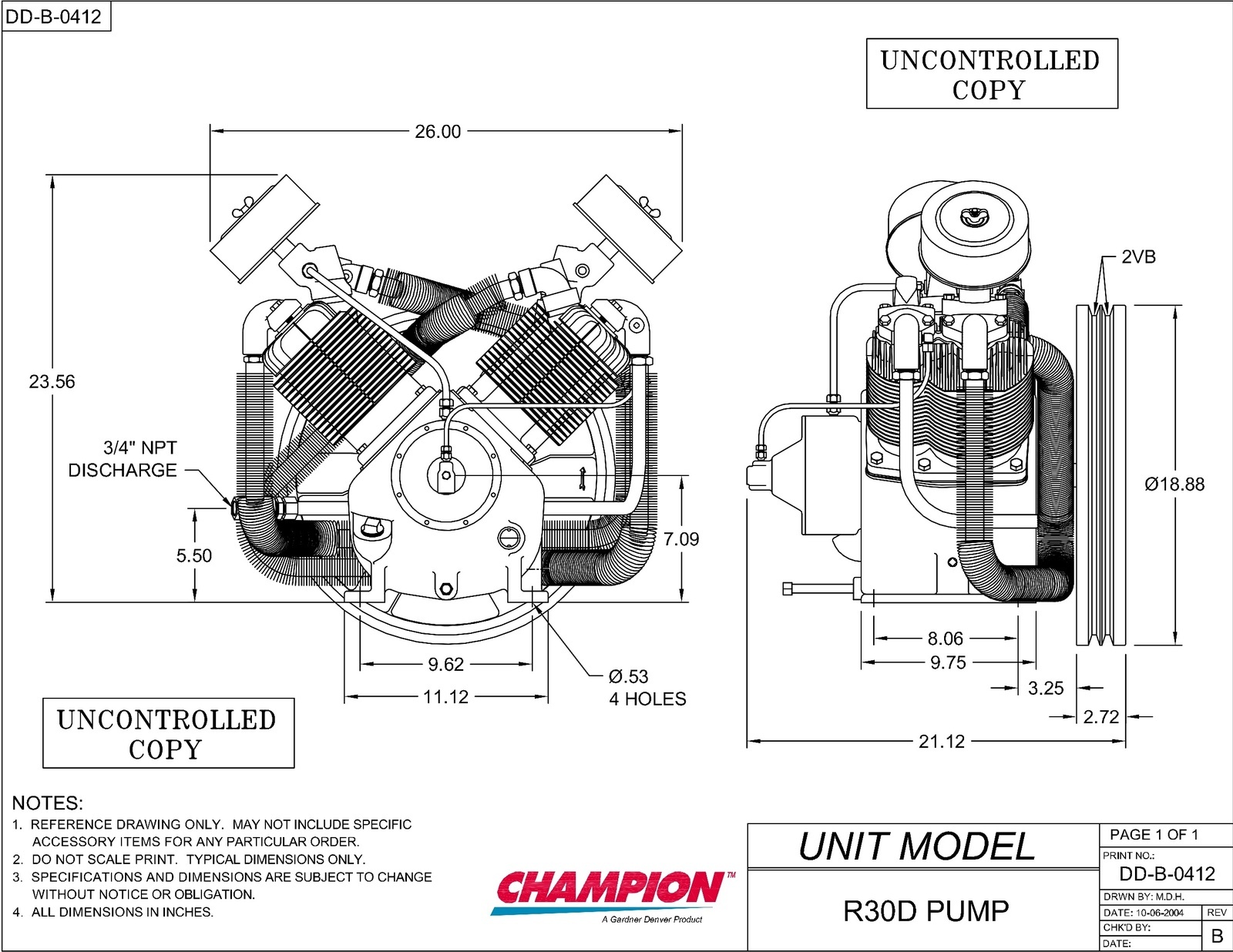 Champion R30D Replacement Pump 7 5 15Hp Bare Pump With Right Discharge