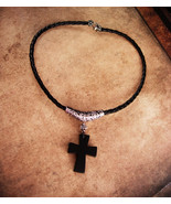 Black gothic Cross necklace - onyx medieval cross - leather choker -  re... - $115.00